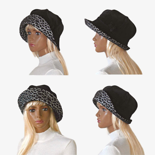 A black beret hat with leopard print on the brim, displayed from different angles on a mannequin head.