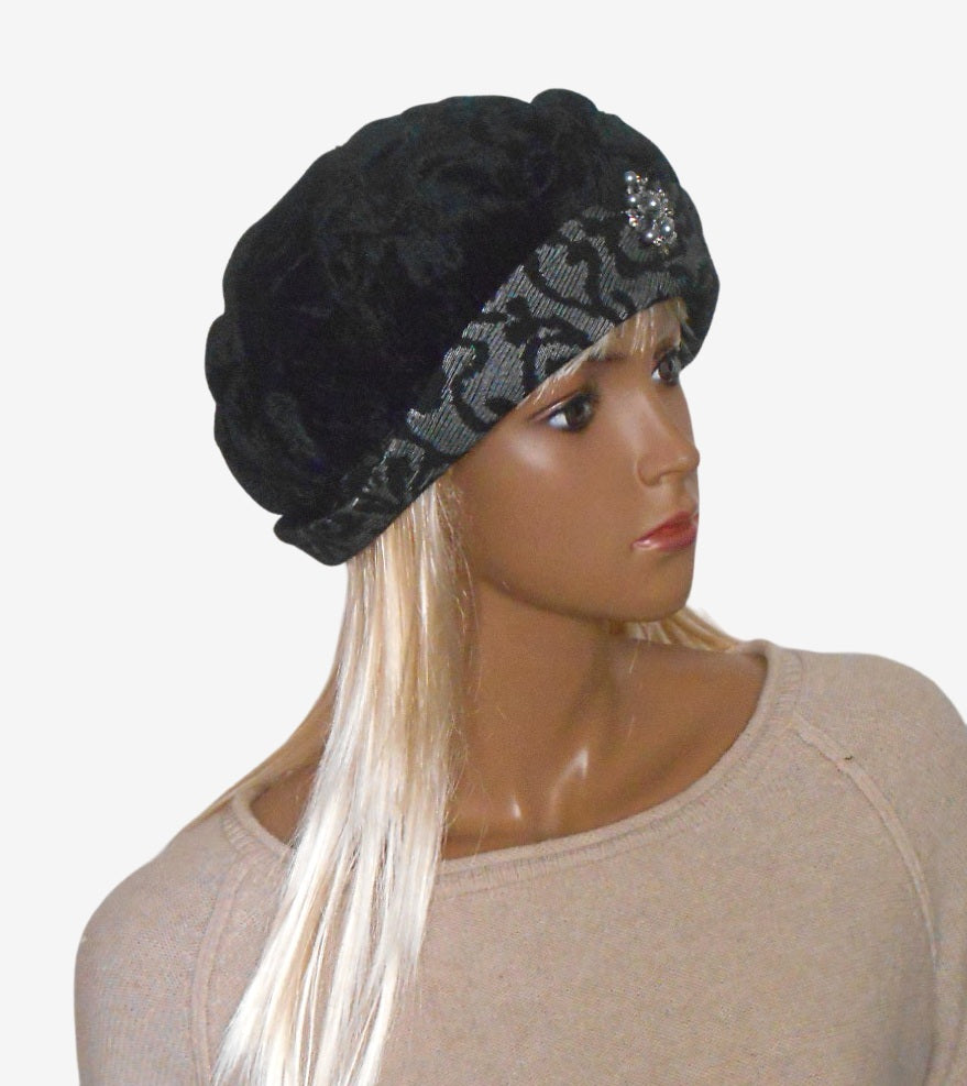Black velvet beret with gray brim, three-quarter view