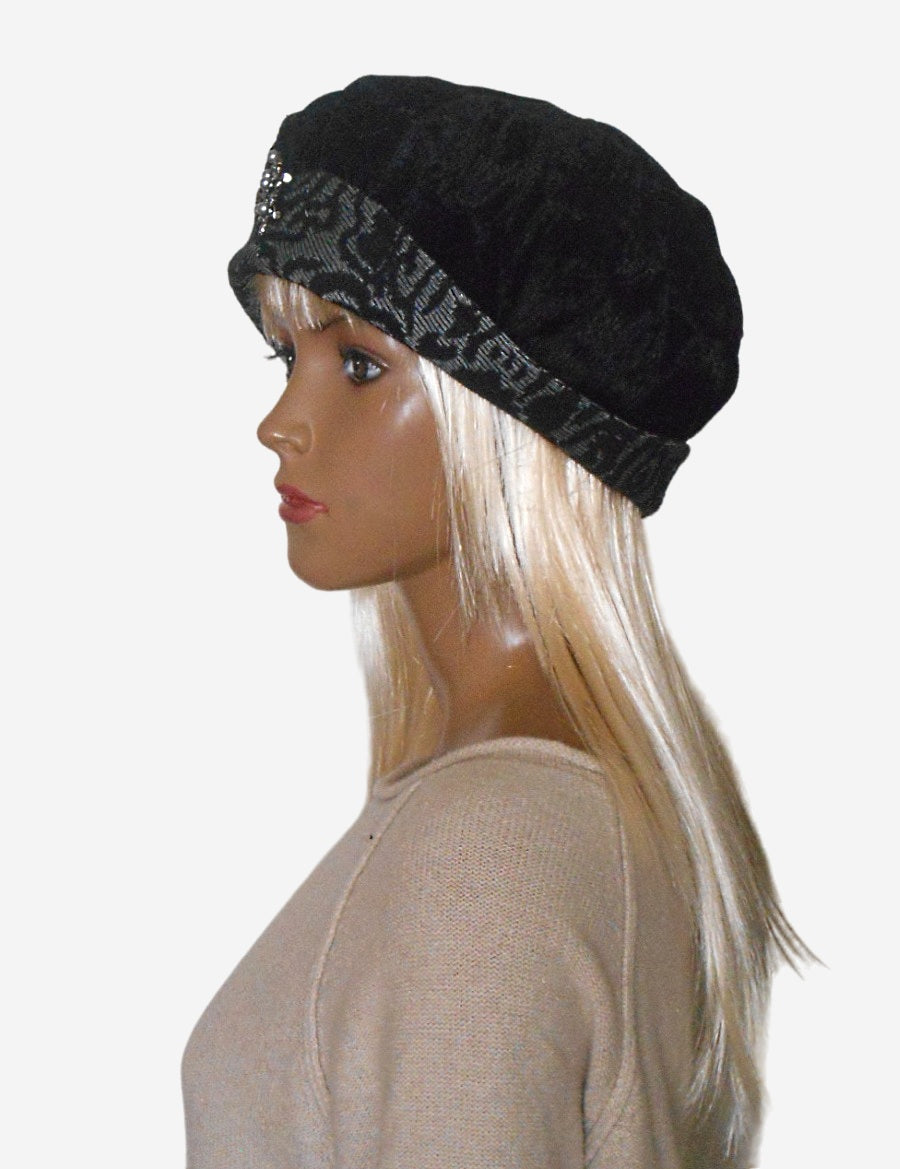 Side view of black velvet brimmed beret, stylish French-inspired hat