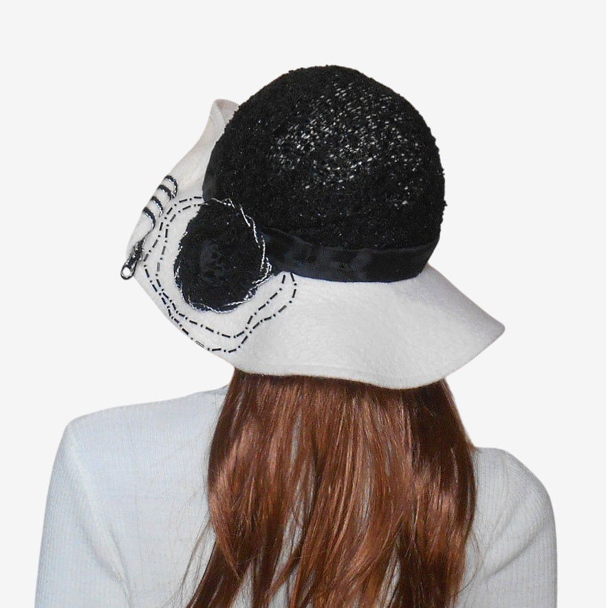 Back view of black and white felted wide-brim winter hat