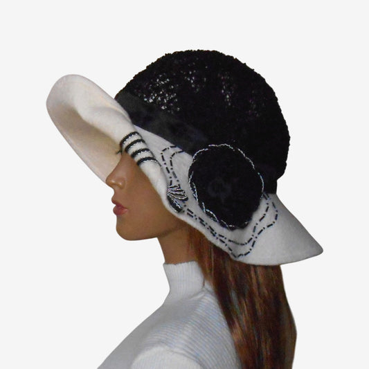 Black and white felted wide-brim hat