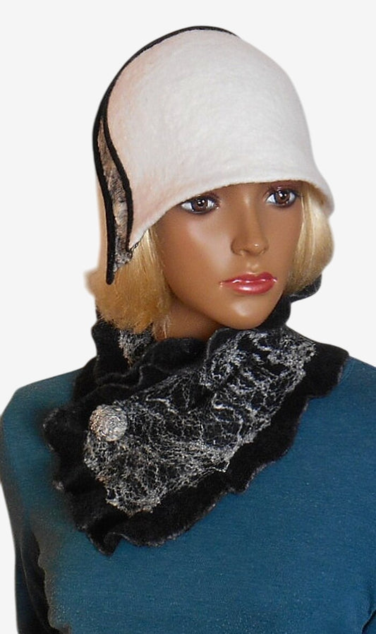Front view of handmade black & white women’s cloche hat and scarf set, felted texture and cozy design