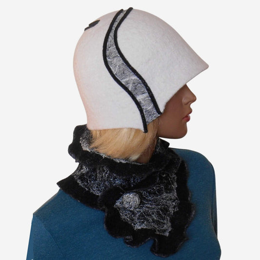 Felted black & white women’s cloche hat and scarf set, handmade winter accessory