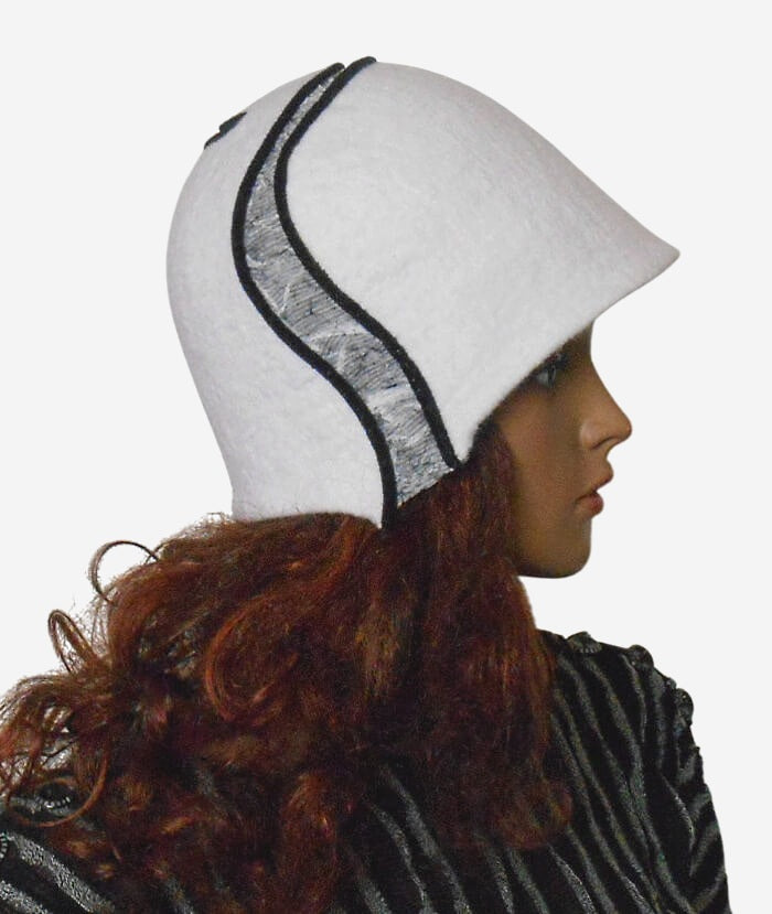 Side view of felted black & white women’s cloche hat and scarf set
