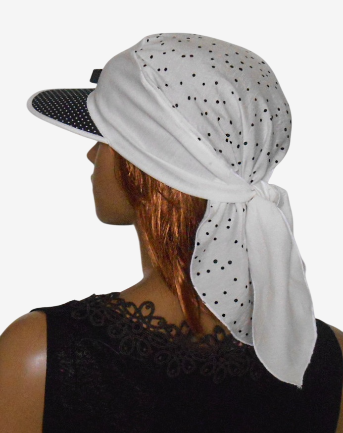 Back view of black and white visor bandana with adjustable tie