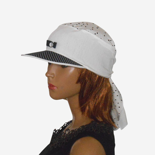 Black and white polka dot visor bandana with playful black bow