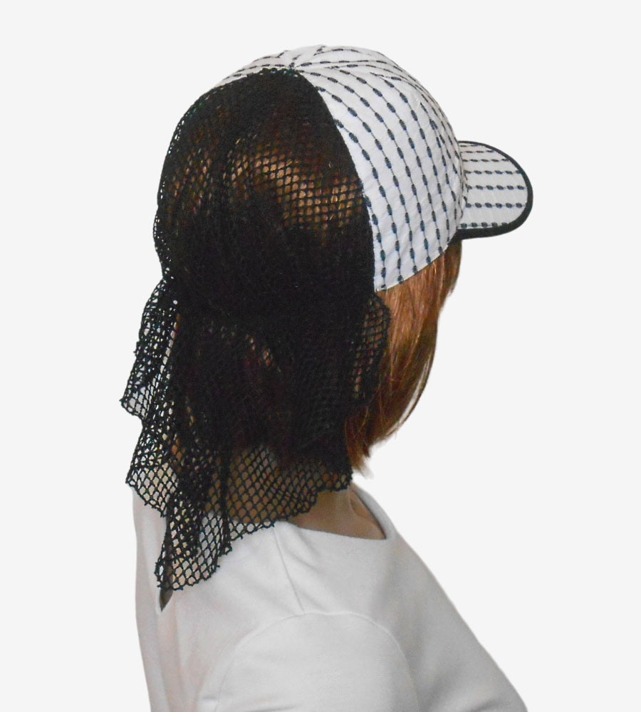 Black and white striped summer baseball cap, back view
