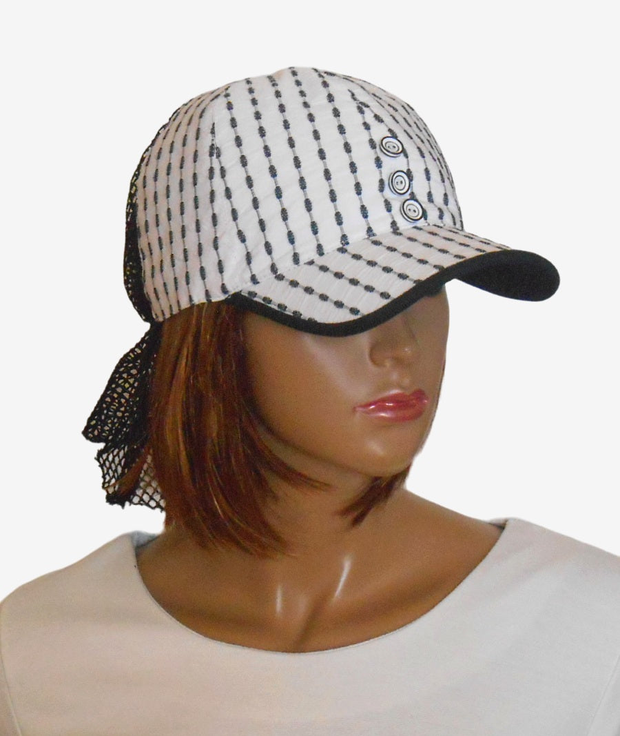 Black and white striped summer baseball cap, three-quarter view