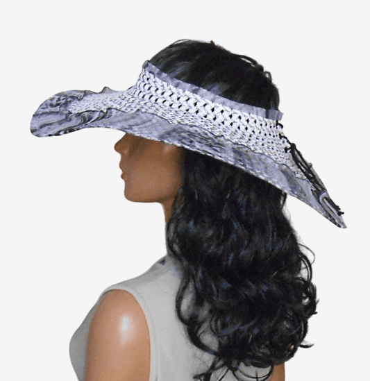 Side view of black and white wide brim summer beach hat
