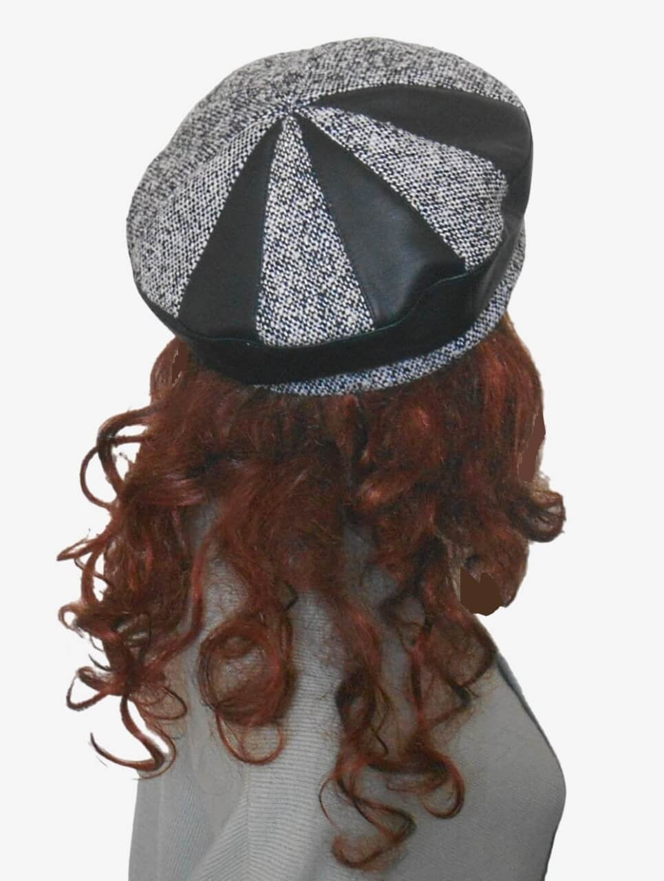 Gray Black Tweed Leather Beret