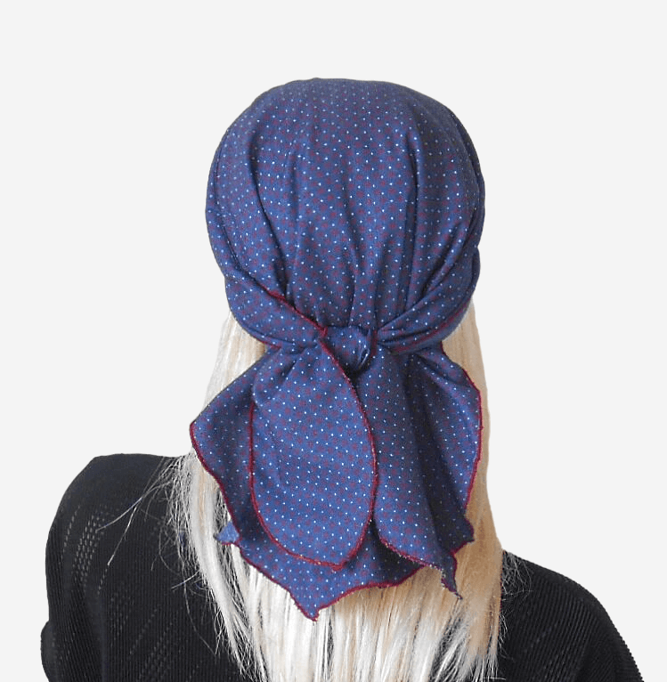 Back view of blue denim bandana with visor, lightweight denim headwear for summer