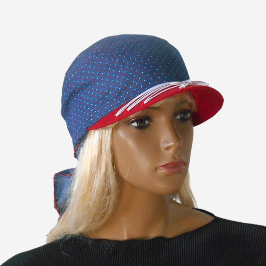 Blue denim bandana with visor, polka dot and floral pattern, red visor with white lacing 