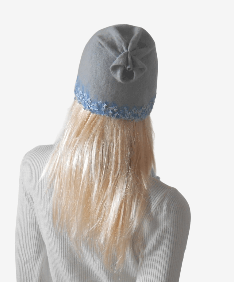Back view of women’s light blue felted beanie and scarf set, handmade winter accessory, cozy merino wool
