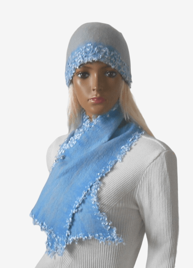 Women’s light blue felted beanie and scarf set, front view, cozy merino wool, winter accessories