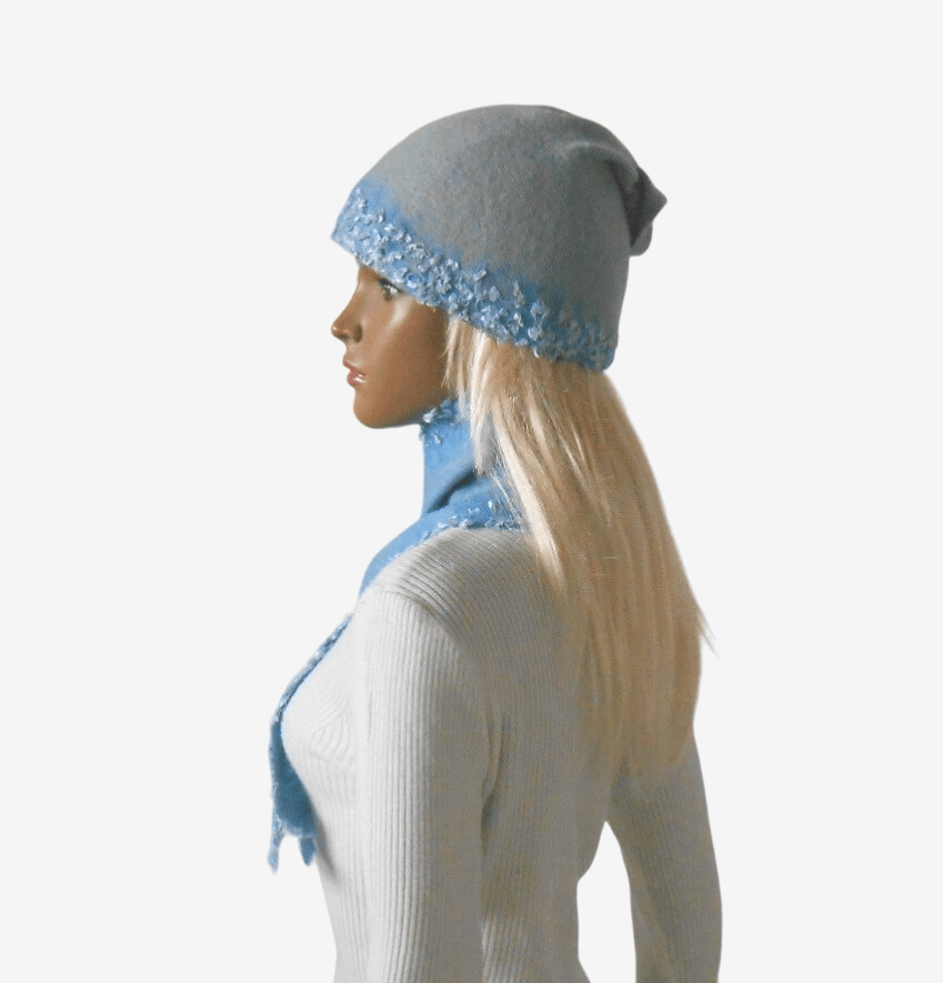 Side view of women’s light blue felted beanie and scarf set, showing decorative knot on beanie 