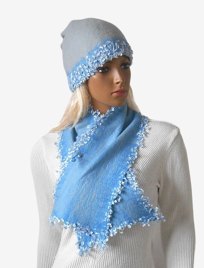 Three-quarter view of women’s light blue felted beanie and scarf set
