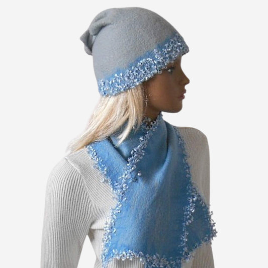 Women’s light blue felted beanie and scarf set
