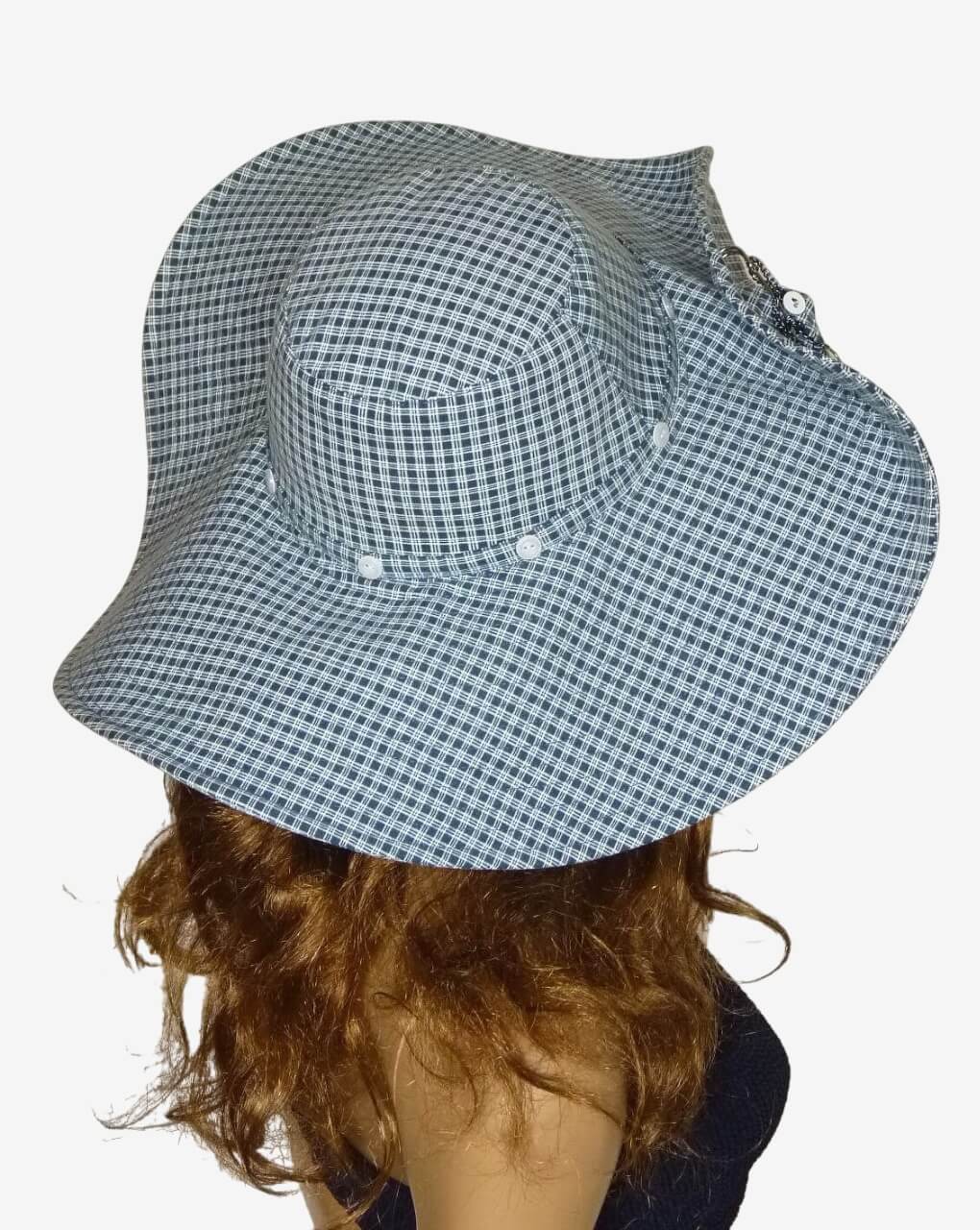 Back view of blue and white checkered wide brim cotton sun hat