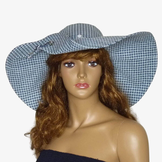 Blue and white checkered wide brim cotton sun hat for women, front view