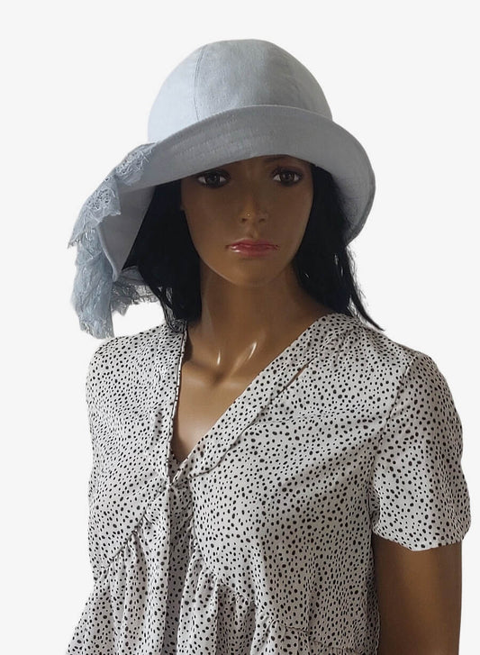 Light Blue Linen Summer Hat Lace Trim