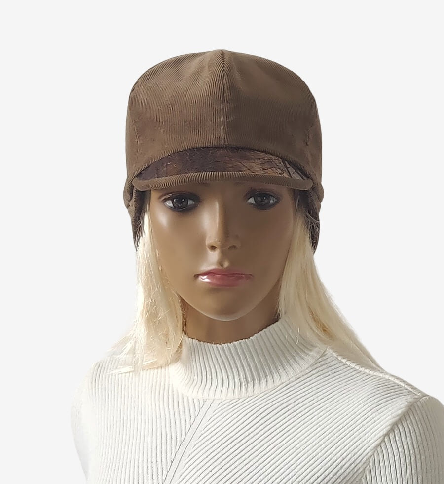 Brown corduroy and leather women’s jockey cap, front view