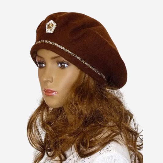 Handmade brown merino wool felt beret with golden color braid and brooch