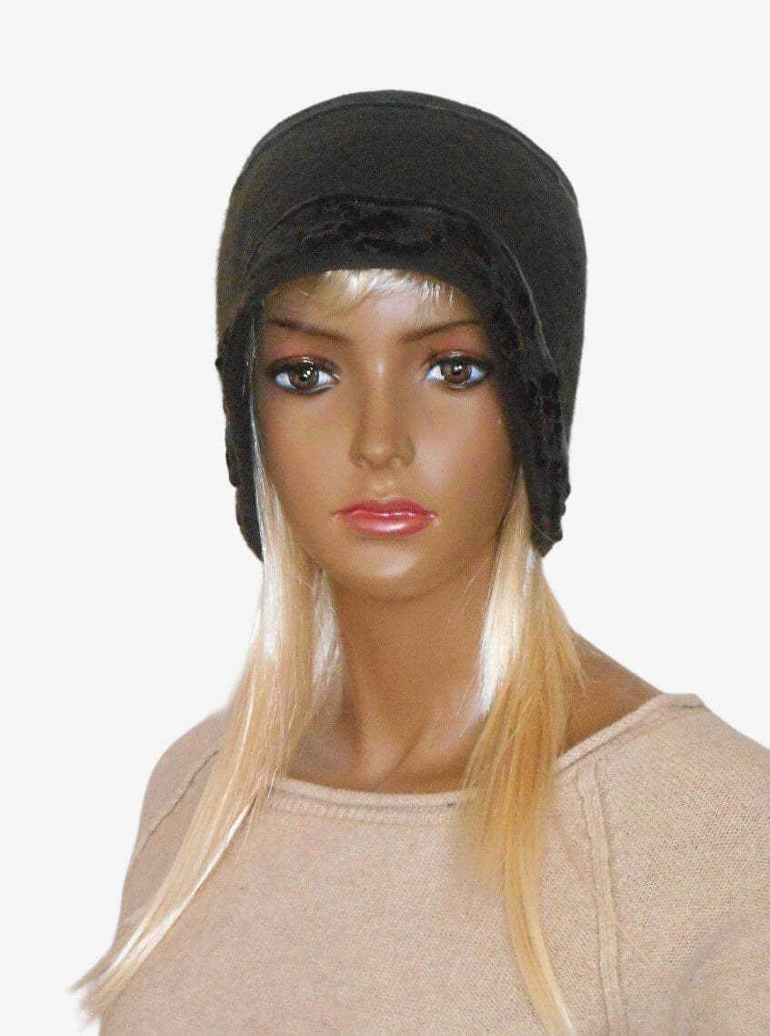 Front view of a brown felted merino wool winter hat with velour cord