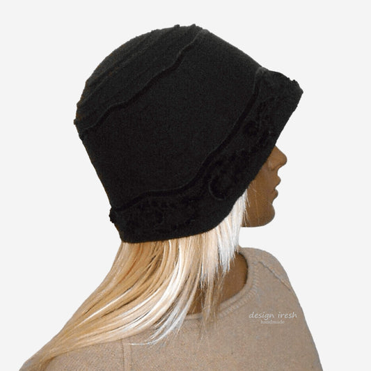 Brown felted merino wool winter hat with velour cord and deep fit