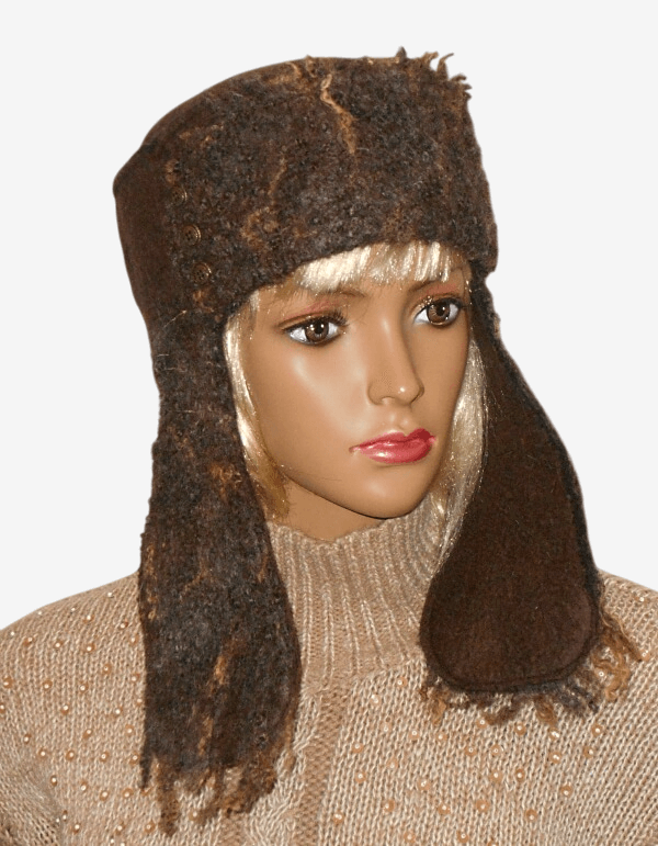 Angled view of brown felted trapper hat, handmade wool ushanka for cold weather