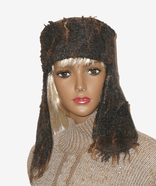 Front view of brown felted wool trapper hat, cozy winter ushanka for women and men
