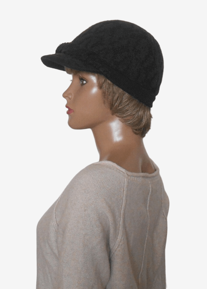 Side view of brown merino wool baseball cap with small peak