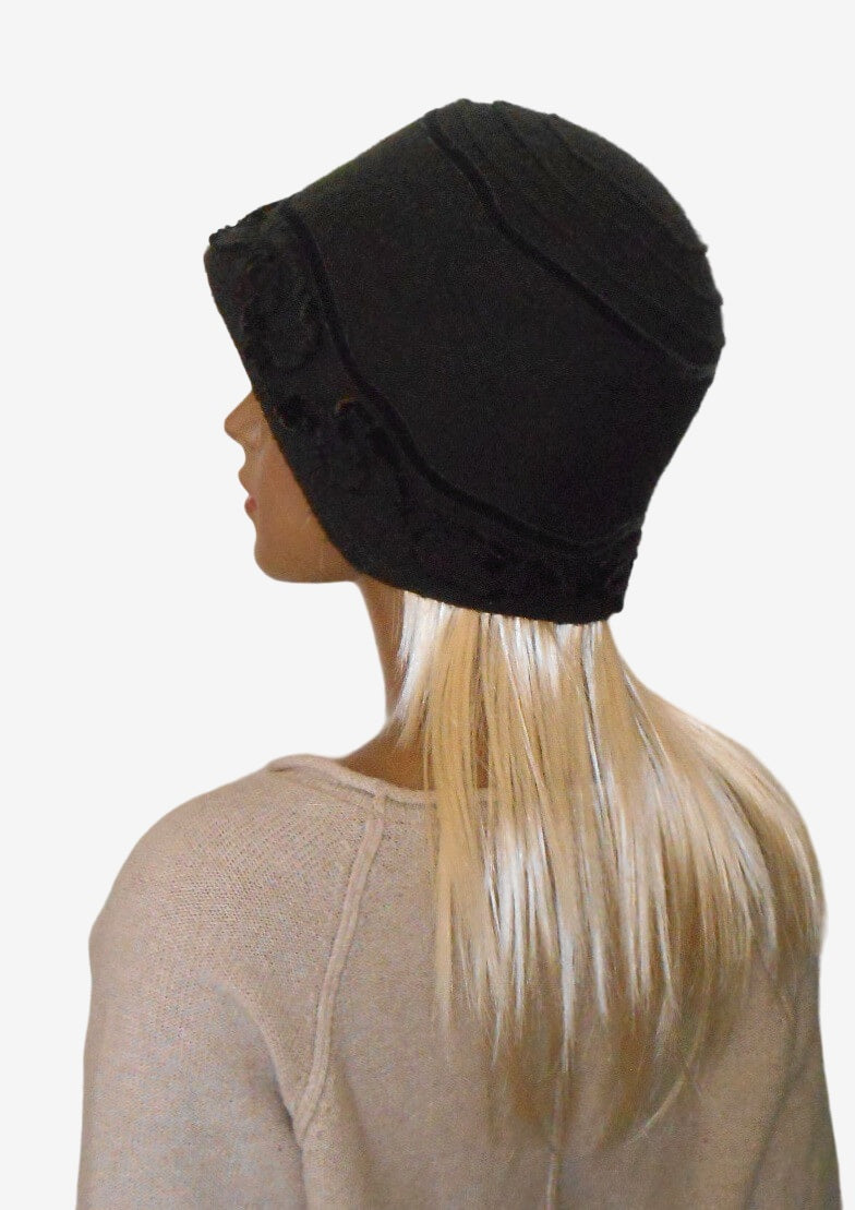 Brown felted merino wool hat with velour cord, side view 