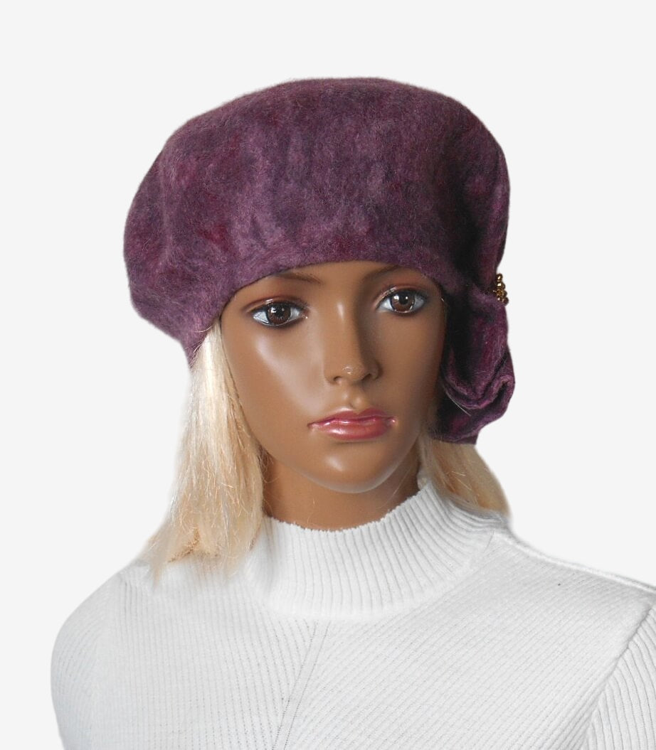 Burgundy felt beret with side draping, front view