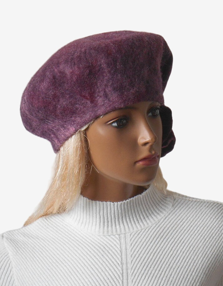Burgundy felt beret with side draping, three quarter view