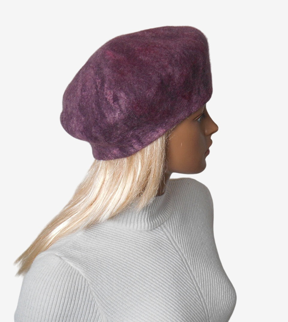 Burgundy felt beret, side view