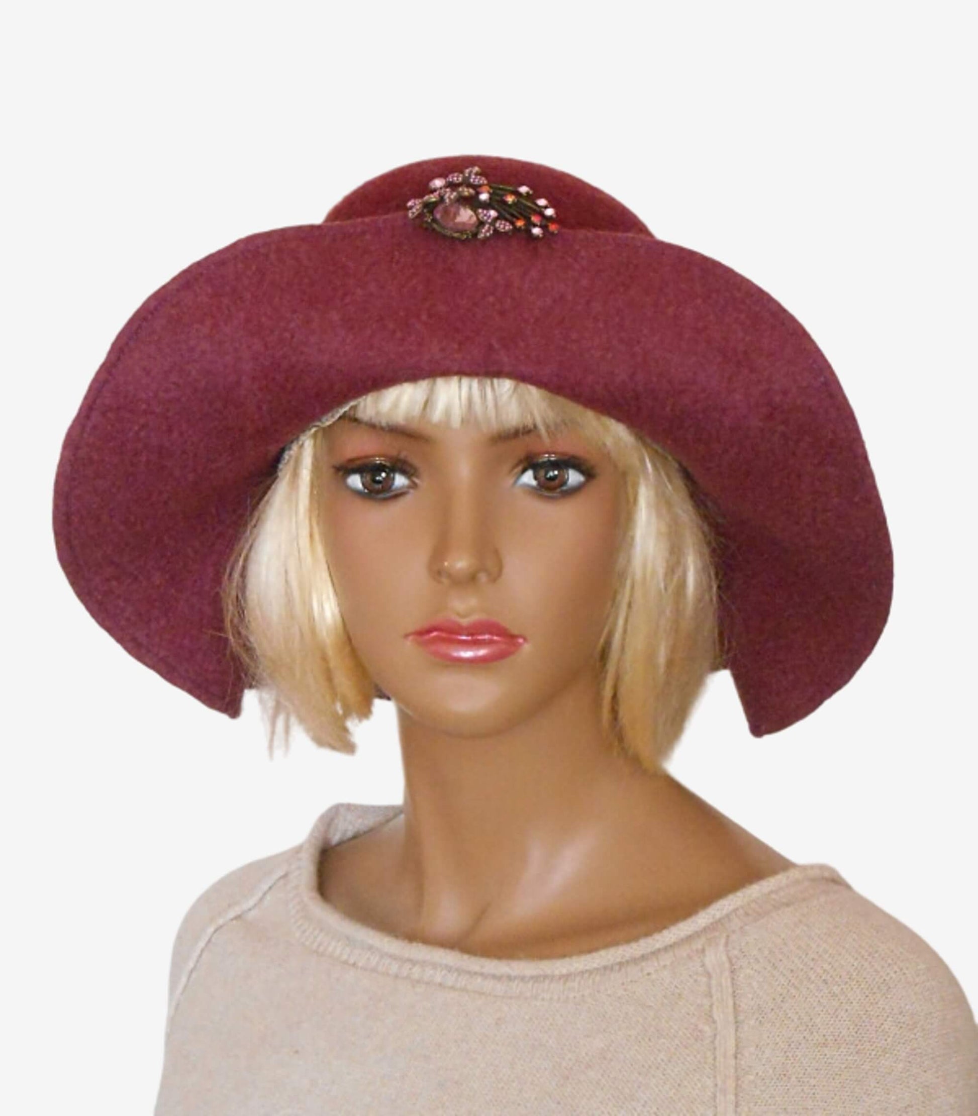 Burgundy felt floppy hat with wide soft brim, front view