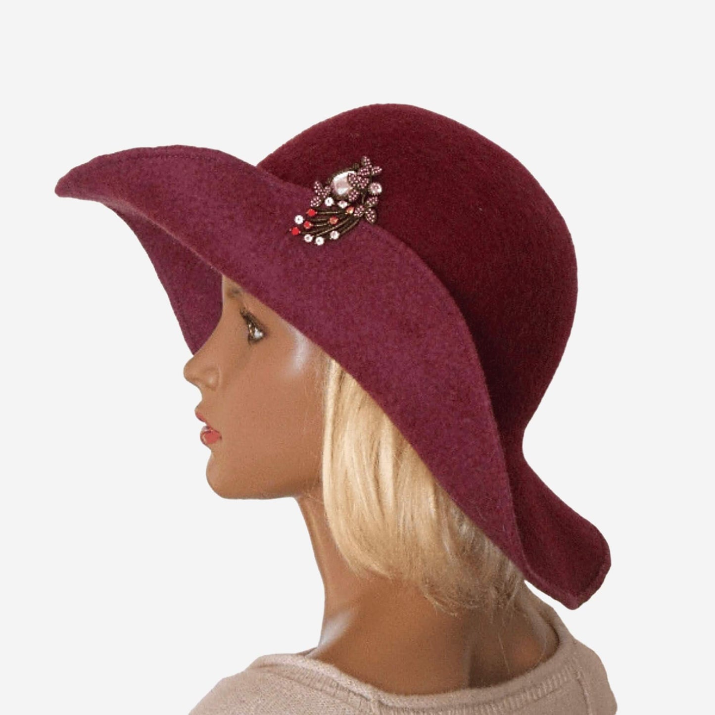 Burgundy felt floppy hat with wide soft brim
