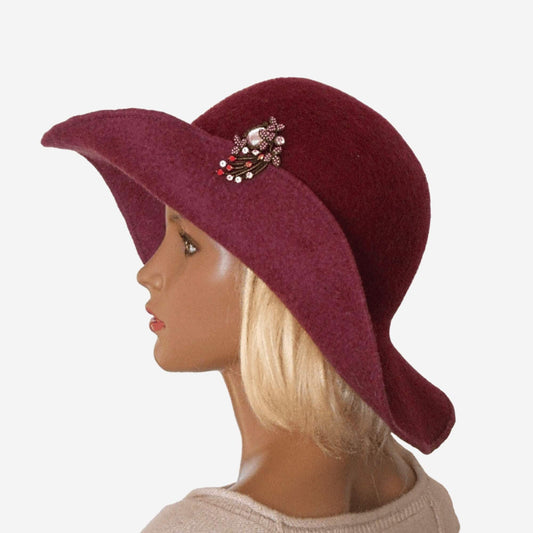 Burgundy felt floppy hat with wide soft brim