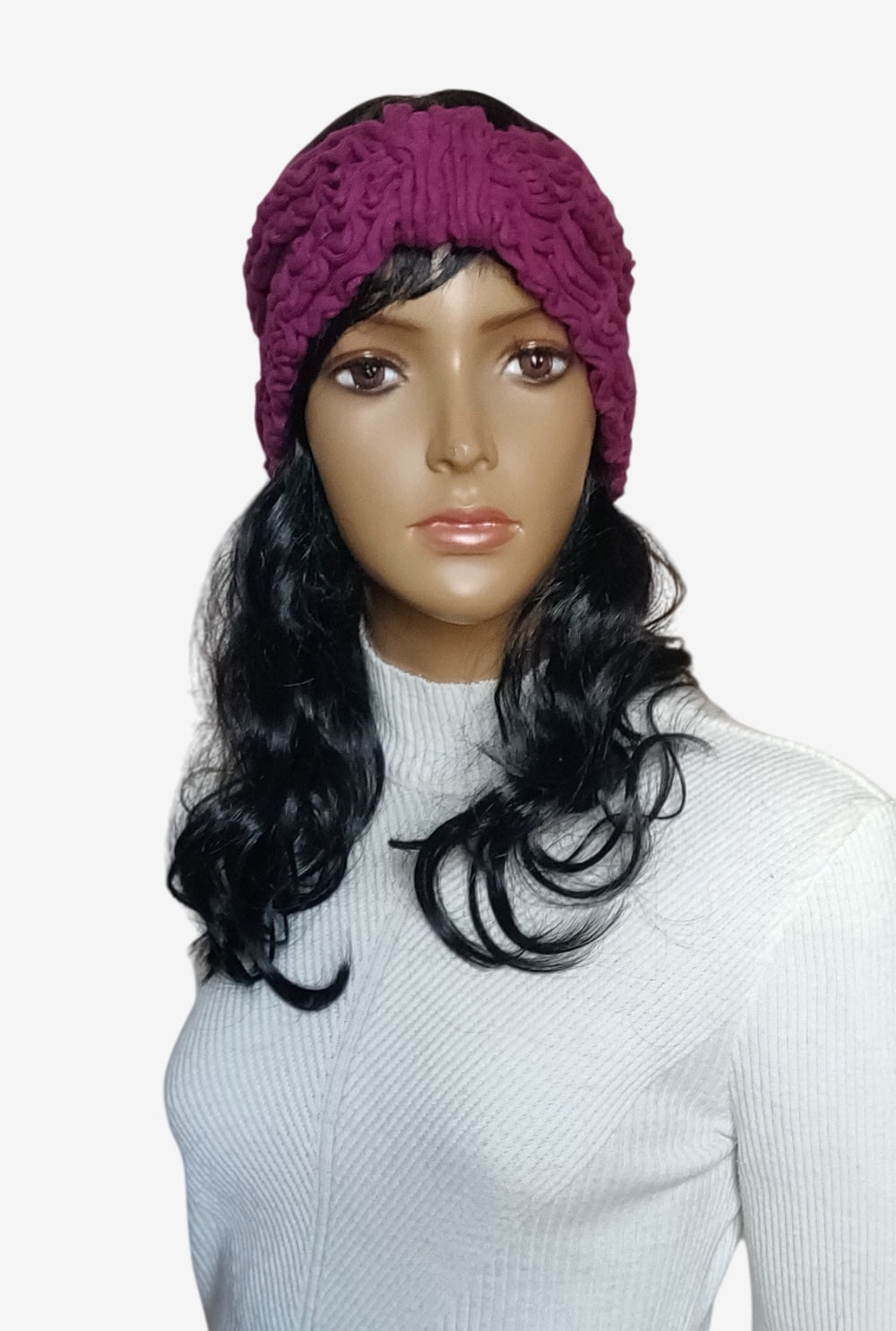 Burgundy felt headband with ruffled knit fabric, front view