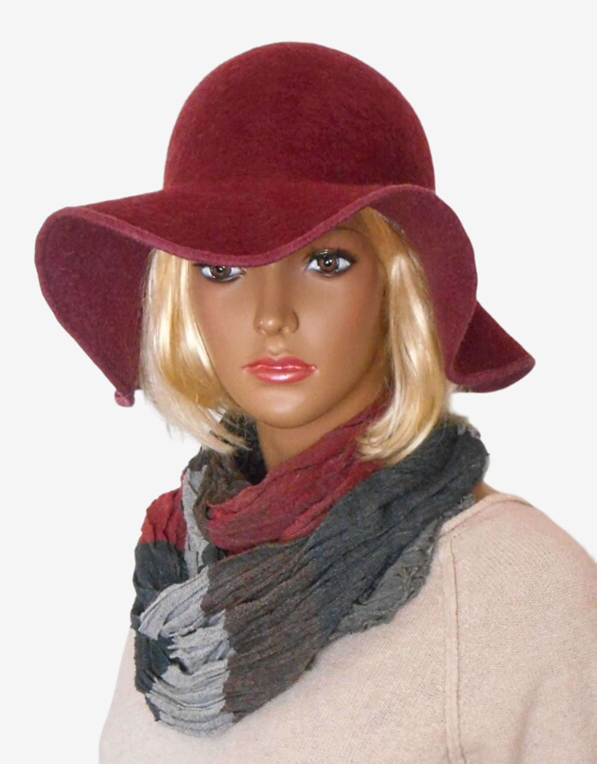 Burgundy wide brim felt hat, angled view