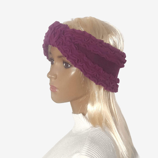 A burgundy felted headband with ruffled knitted fabric 