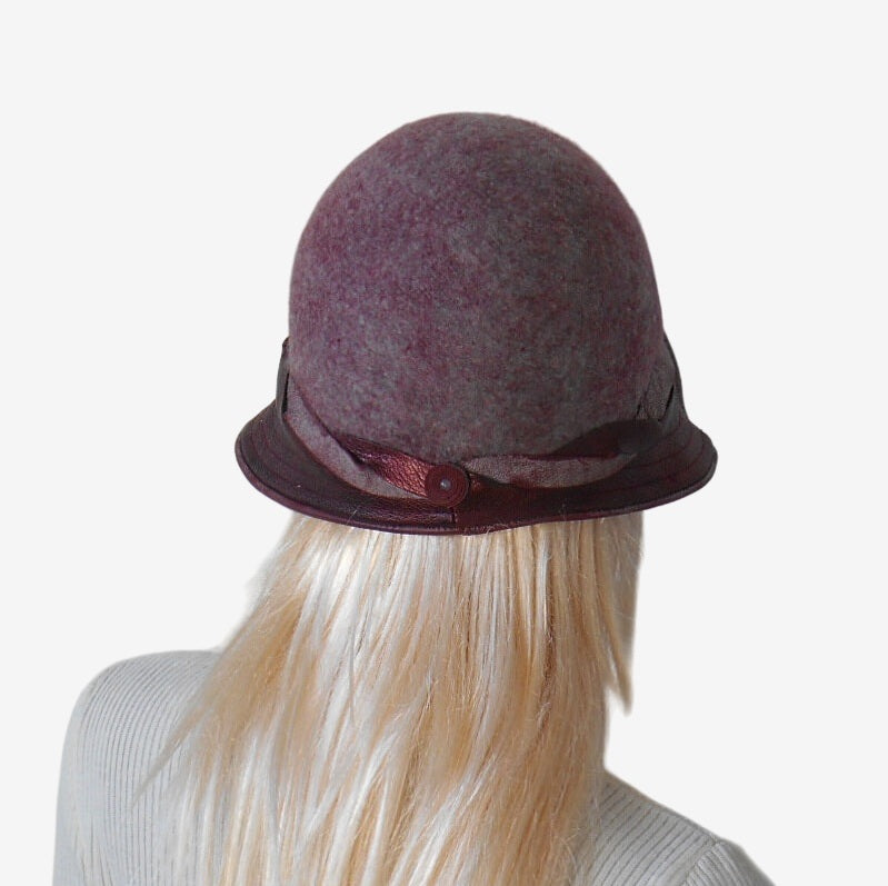 Burgundy felt hat with genuine leather brim