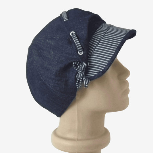 Handmade dark blue denim newsboy cap for women, vintage-inspired denim hat with structured peak