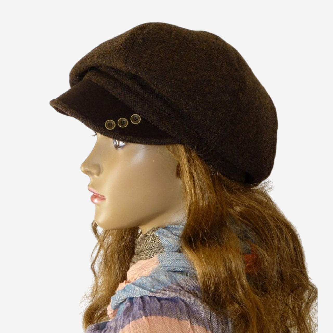 Dark brown tweed newsboy cap with buttons, side view