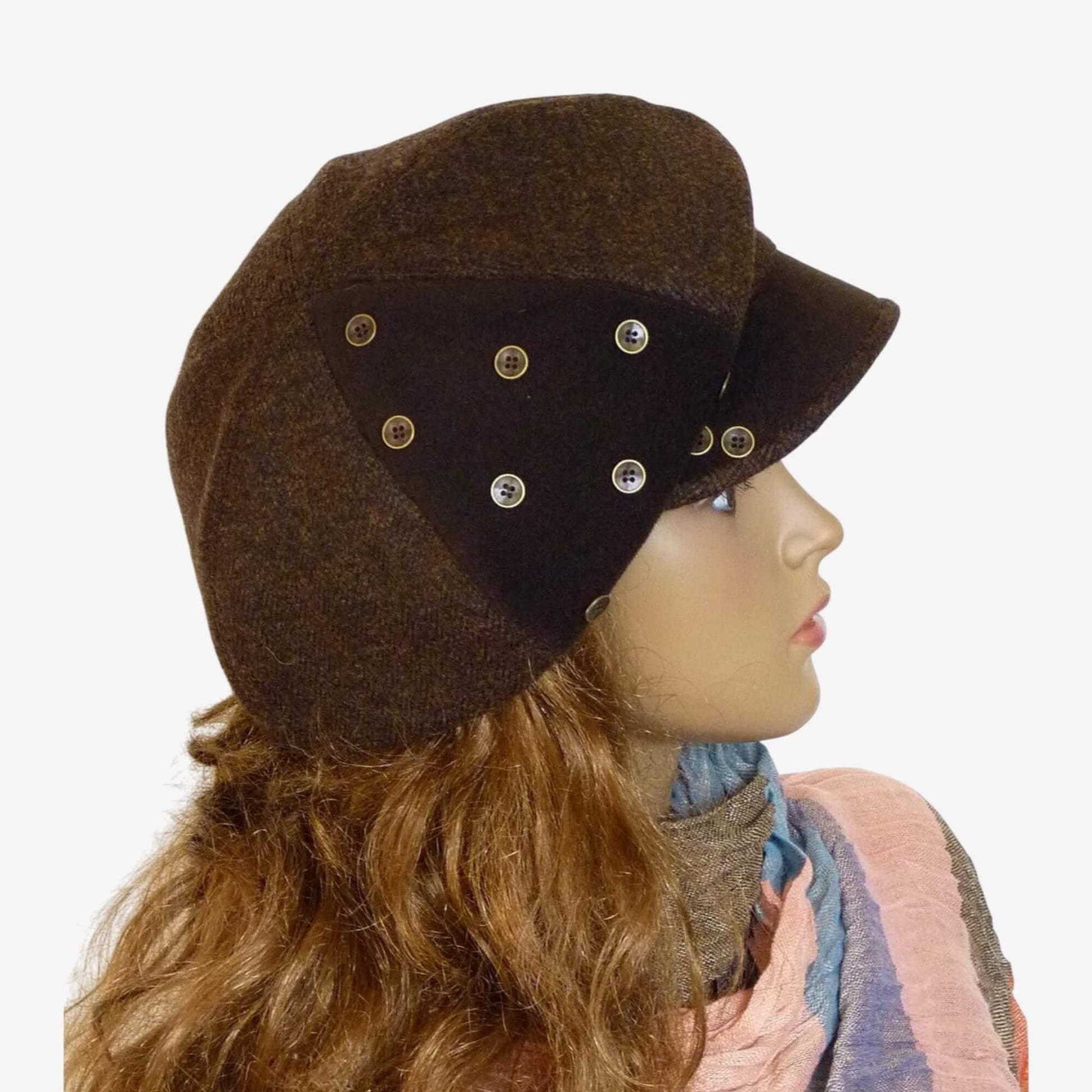 Dark brown tweed newsboy cap with buttons