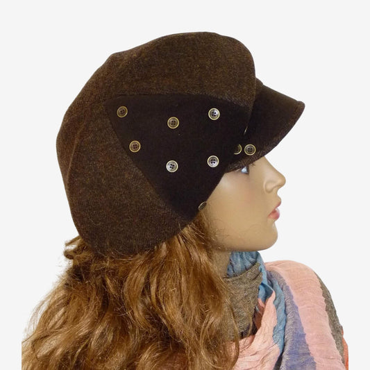 Dark brown tweed newsboy cap with buttons