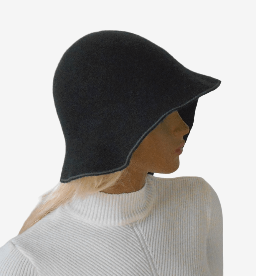 Side view of dark gray felt hat, stylish women’s winter hat