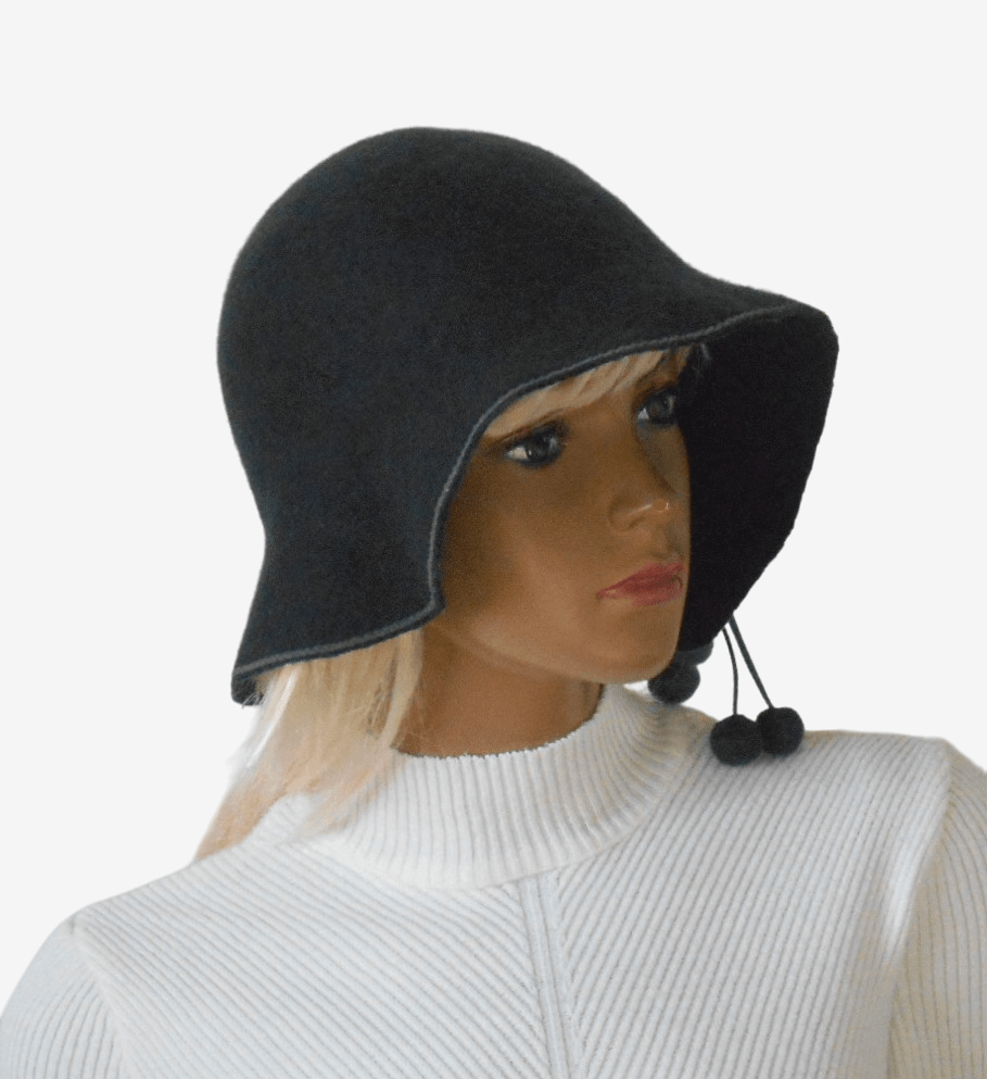 Side view of dark gray felt hat with pom-poms, stylish women’s winter hat