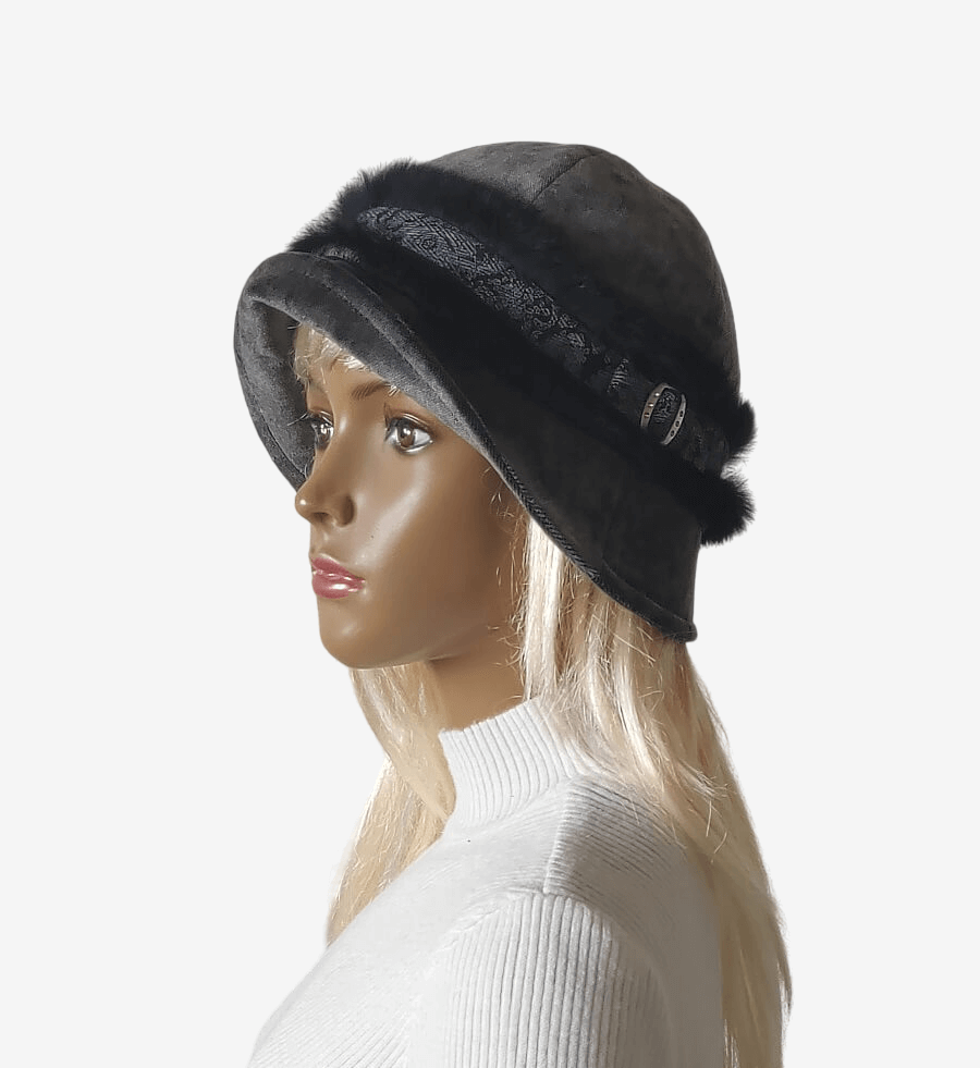 Side view of a stylish dark gray velours hat for women, featuring a natural fur
