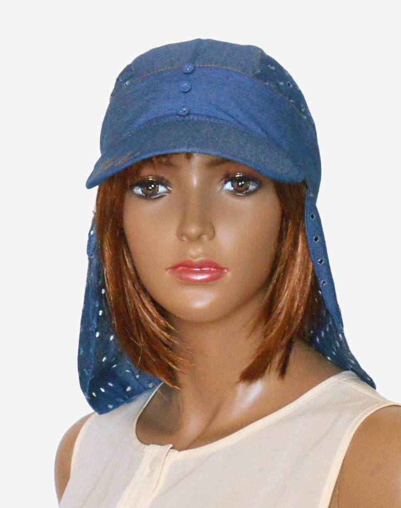 Front view of women's denim bandana with visor